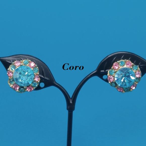 Coro Jewelry - Coro Pastel Blue Pink Screw Back Earrings, 1950s Vintage Jewelry